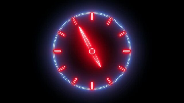 Glowing neon clock animation icon on black background.