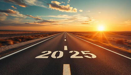 road with written 2025 and arrow pointing towards the horizon to represent the future and positivity and success of the new year