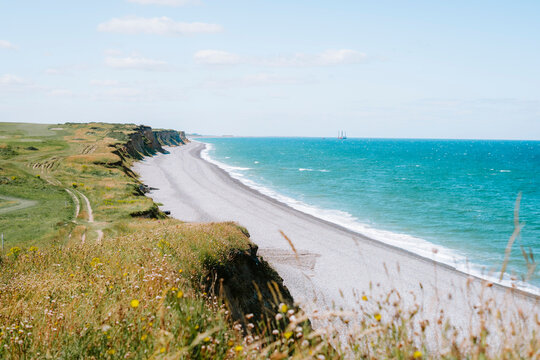 The Weyborne beach from top of Sherringham cliffs on a sunny summer's day on the North Norfolk coast.