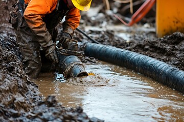 Construction worker connecting large pipe in the mud