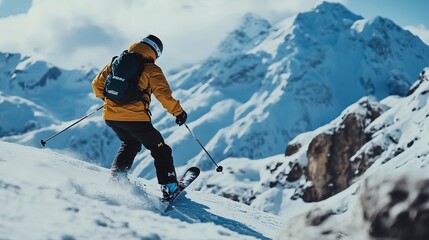 Man playing ski sport on mountain in the winter 