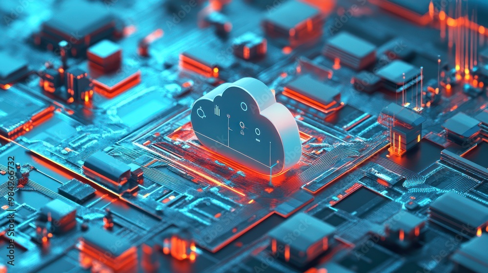 Poster a 3d rendered cloud computing icon on a futuristic circuit board with neon lights, representing the 