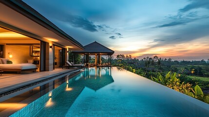 Fototapeta premium luxurious swimming pool villa at dusk 