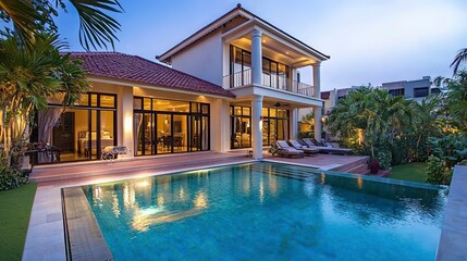 Fototapeta premium luxurious swimming pool villa at dusk