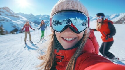Lifestyle selfie photo of a beautiful cheerful young caucasian girl with ski goggles and helmet, skiing with friends and alps snow mountains in the background