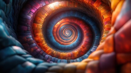 A colorful, spiraling tunnel of vibrant textures and patterns.