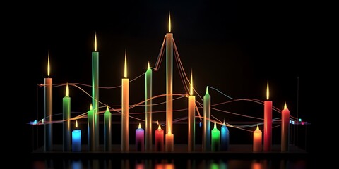Obraz premium A 3D candlestick chart with dynamic bars and colorful indicators, illustrating stock market trends and analysis