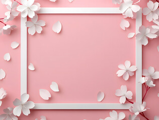Paper White Flowers on a Pink Background with a Blank Frame