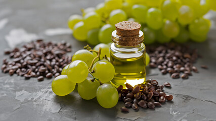 Close-up of grapeseed oil in small bottle with cork stopper, surrounded by fresh green grapes and scattered seeds on stone surface. Natural organic ingredient for culinary, cosmetic, and wellness uses