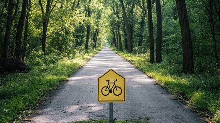 A paved bike path winds through a lush forest, with a yellow bike sign in the center.