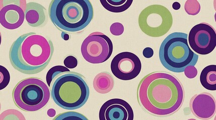 Abstract seamless background featuring concentric circle patterns in purple blue light green pink and magenta on a beige backdrop elaborately designed and extensive