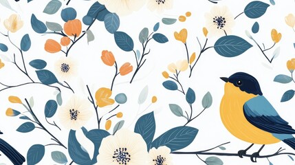 Seamless botanical pattern featuring a bird Minimalistic bird design suitable for fabric textile and wallpaper White floral background