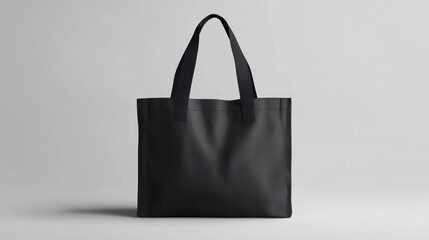 Black tote bag with double handles on a white background.