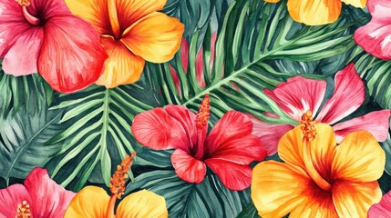 Naklejka premium Watercolor seamless pattern featuring vibrant tropical flowers