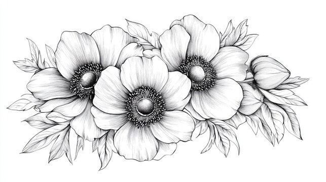 black and white anemone flowers drawing clip art preview