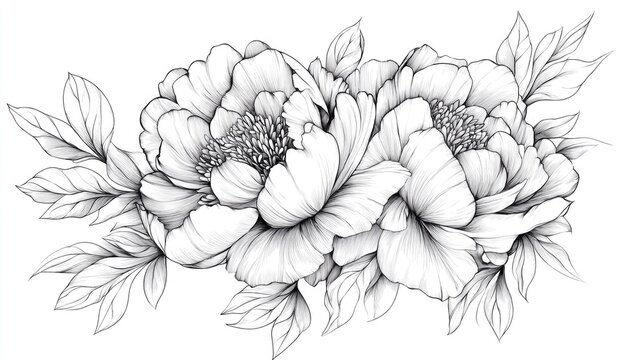 recommend clip art: Peony line art featuring black and white floral bouquets flower coloring designs and hand drawn botanical illustrations suitable for coloring pages and wedding invitations