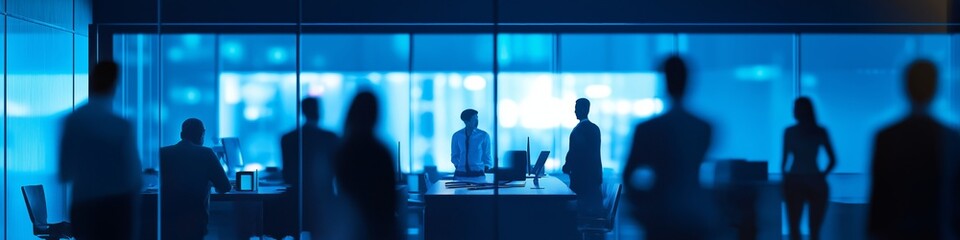 A group of people are standing in front of a window in a building. The people are wearing suits and ties, and the room is dimly lit. Scene is professional and serious