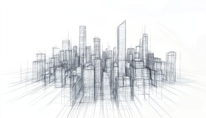 Line art illustration of a pencil sketch featuring an urban skyline design