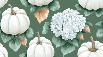 White pumpkins and hydrangea flowers on a green background Hand drawn seamless pattern in pastel colors ideal for cards invitations and textiles