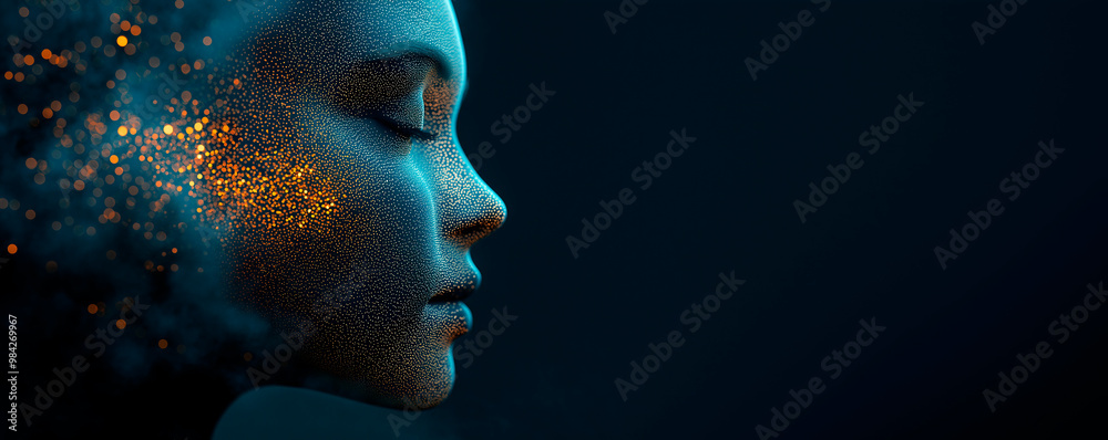 Poster Side profile of a human face dissolving into small particles in a digital art style on a dark background. Ai generative.
