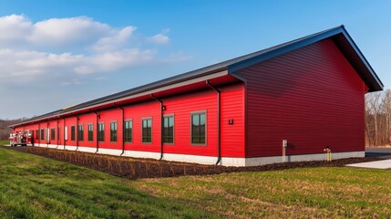 A fire-resistant training facility with red James Hardie siding, equipped to handle emergency response training for firefighters, demonstrating the siding's safety and durability features