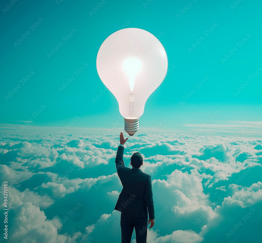 Aufkleber Man in suit reaching for large light bulb in cloudy sky. Ai generative.