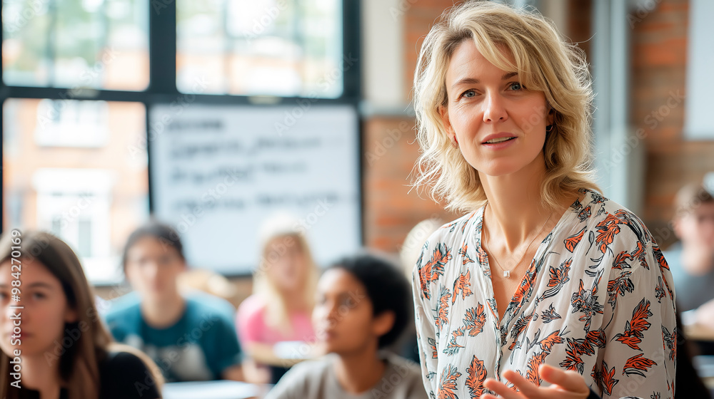 Poster Educator Engaging with a Class in a Bright Classroom Setting.
