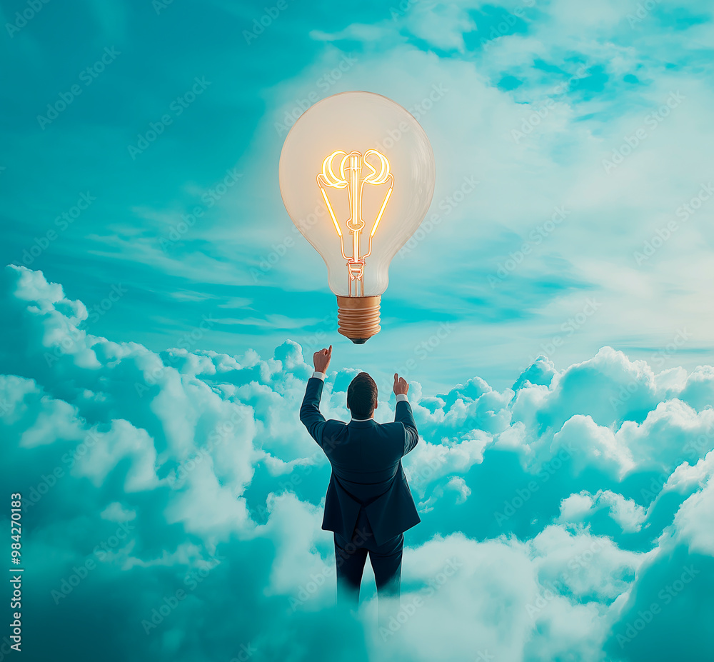 Poster Man pointing at a giant lightbulb in the sky with clouds and a blue background. Ai generative.