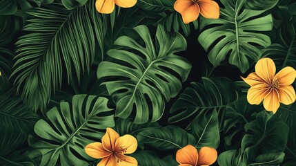 Fototapeta premium Tropical leaf background pattern featuring a textured fabric effect with a seamless design of abstract hand drawn leaves and flowers High quality illustration