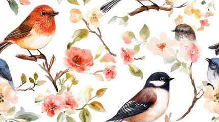 Fototapeta premium Seamless watercolor pattern featuring birds and flowers against a white background
