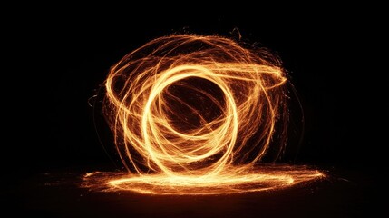 Line art illustration of a spinning fireball created with burning steel wool in a fire twirling performance