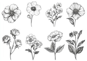 Line art illustration of cards featuring flowers with 9 blooms arranged in 3 distinct groups showcasing a vintage drawing or engraving style