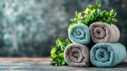 Stack of rolled towels with green leaves, symbolizing spa, relaxation, wellness, and natural health care, providing a calm and serene atmosphere for self-care and rejuvenation