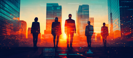 Silhouettes of businesspeople standing in front of a cityscape at sunset with digital data overlays.