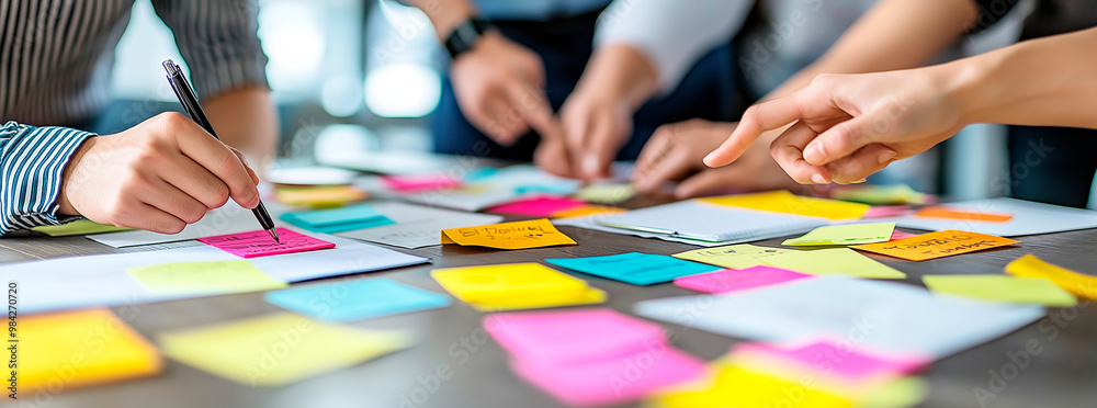 Poster Businesspeople brainstorming with colorful sticky notes in a collaborative workshop setting.