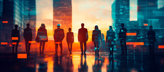 Silhouetted Business Team Walking Towards Futuristic Cityscape at Sunset.