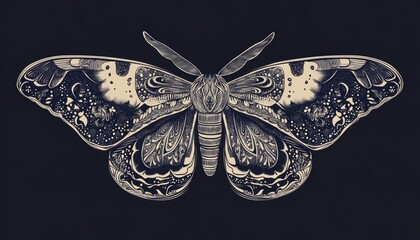 Line art illustration of a moth adorned with ethnic floral patterns Hand drawn decorative insect in doodle style featuring a stylized ornament suitable for print and design on a dark backdrop
