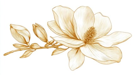 Line art illustration featuring a gold hued magnolia flower with hatching viewed from the side isolated against a white background