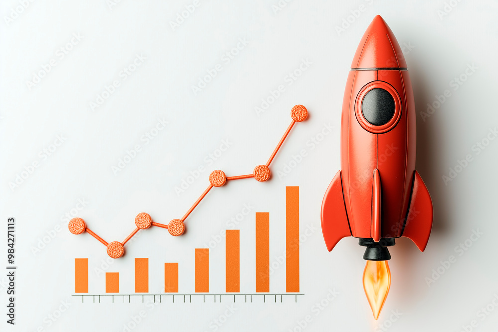 Poster red rocket ship and upward graph on white background illustrating growth and progress concept.