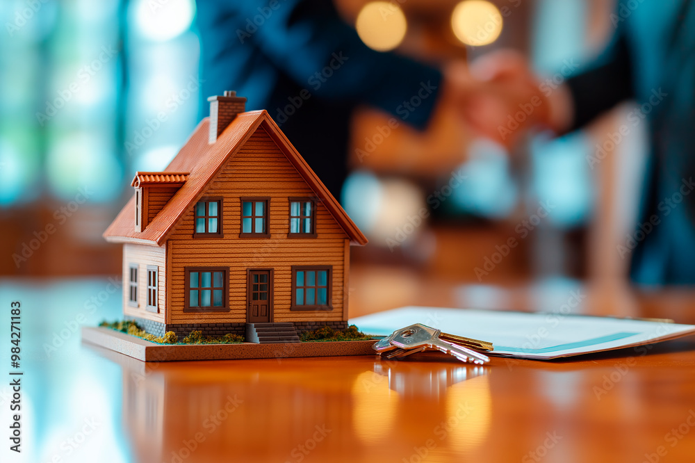 Poster model house with keys and documents on a table, handshake in background, concept of real estate tran