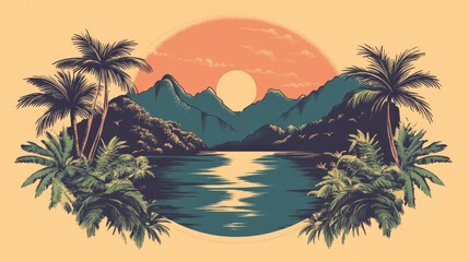 Linear art representation of a tropical landscape featuring a patch style badge design suitable for apparel and branding