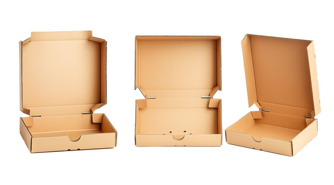 Set of Three Cardboard Pizza Boxes in Various Open Positions Isolated on Transparent Background