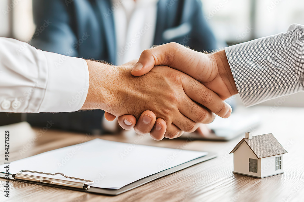 Poster Close-up of a Handshake Between Two Businessmen with a Model House on the Table in the Background.