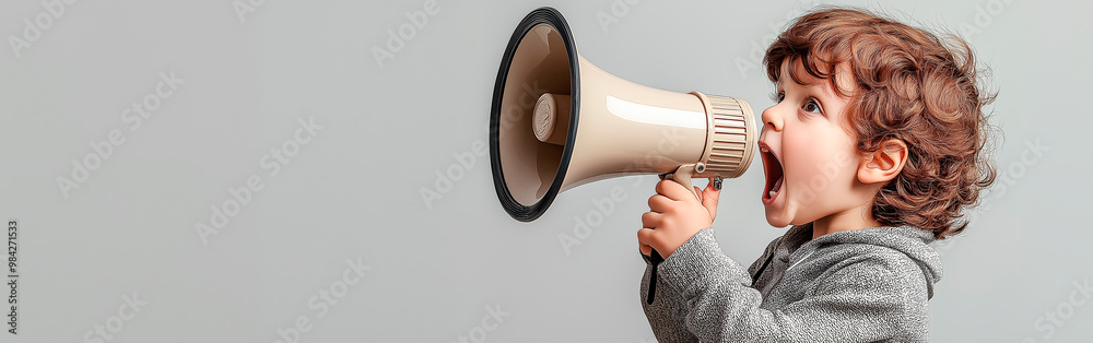 Poster child holding a megaphone and shouting on a grey background. concept of communication and announceme