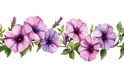 Watercolor illustration of petunia flowers on a white backdrop