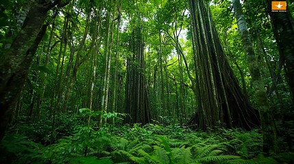 Obraz premium A lush rainforest with towering trees, vibrant green foliage, and a dense canopy.