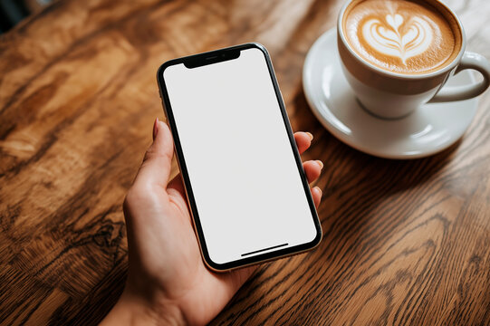 Blank smartphone screen held by hand with a latte art coffee cup on wooden table background. - Powered by Adobe