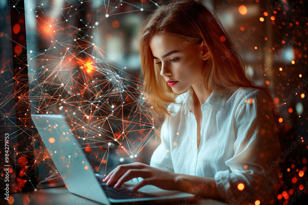 Aufkleber woman working on a laptop with abstract network connections in the background. ai generative.
