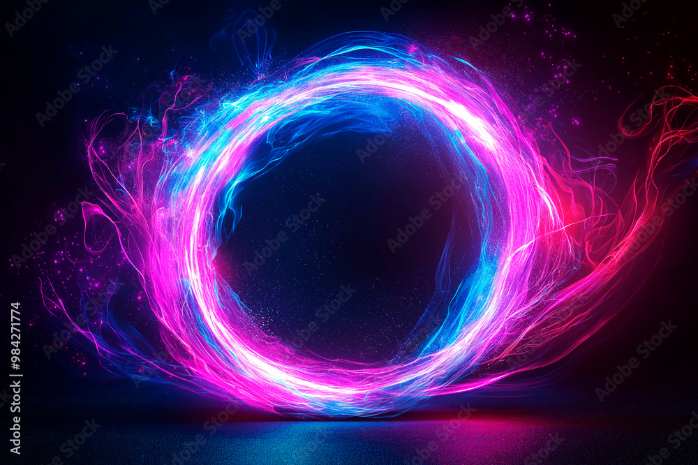 Poster neon circular light trail with vibrant colors on dark background. ai generative.
