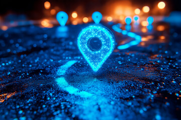 Glowing blue location pins on a dark and blurry street background at night.